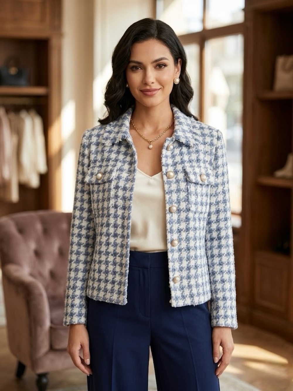 Zara Blue and Cream Tweed Jacket